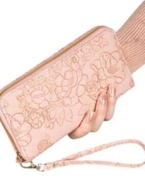 2/$30 Pink Floral Embossed Wristlet Wallet Zip Around Clutch Purse